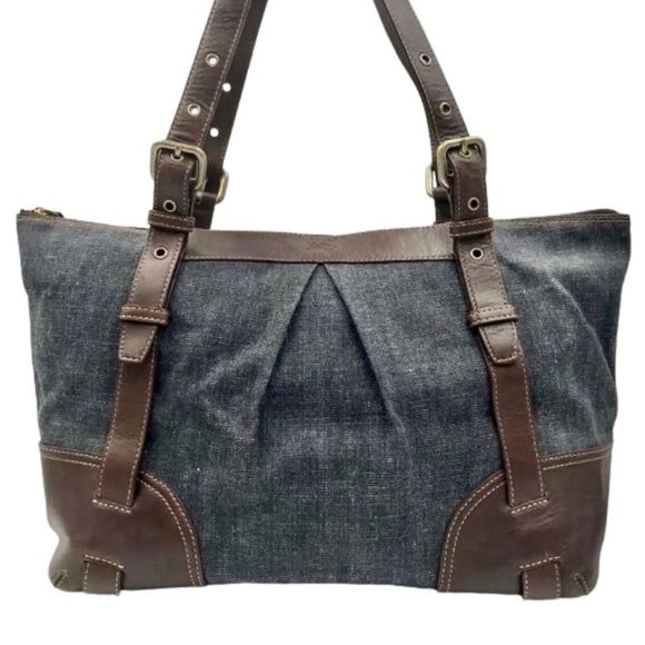 BURBERRY BLUE LABEL Denim Top Zip Shoulder Bag w/ Adj Brown Leather Straps RARE - Picture 16 of 17